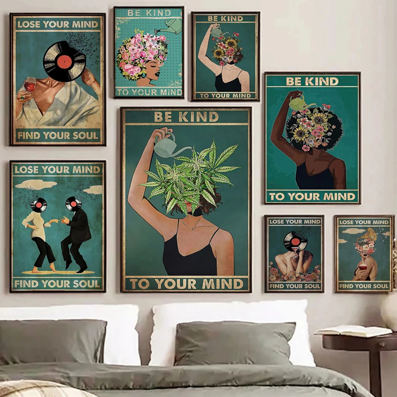 Vintage Pot Head Weed Girl Mental Health Awareness Poster Be Kind To Your Mind Wall Art Prints Canvas Painting Home Room Decor