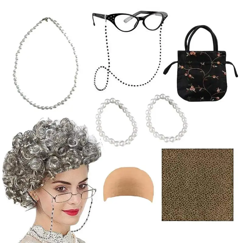 Granny Set Costume Faux Pearl Necklace Old Lady Fancy Dress Accessories Grandmother Up Dress Eyeglass Chain Retainer Necklace