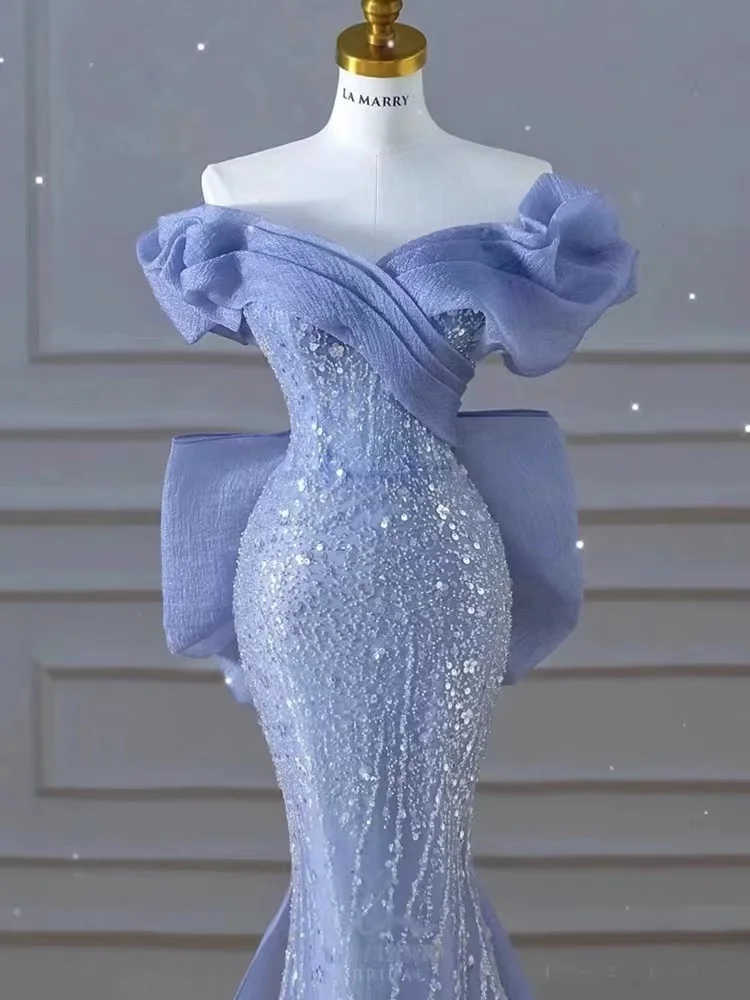 Vestidos de Noche de sirena de lujo con lentejuelas, Bodycon de tren de barrido con lazo azul, vestido de novia con cuentas, vestido de graduación, vestido de Gala de regreso a casa Maxi