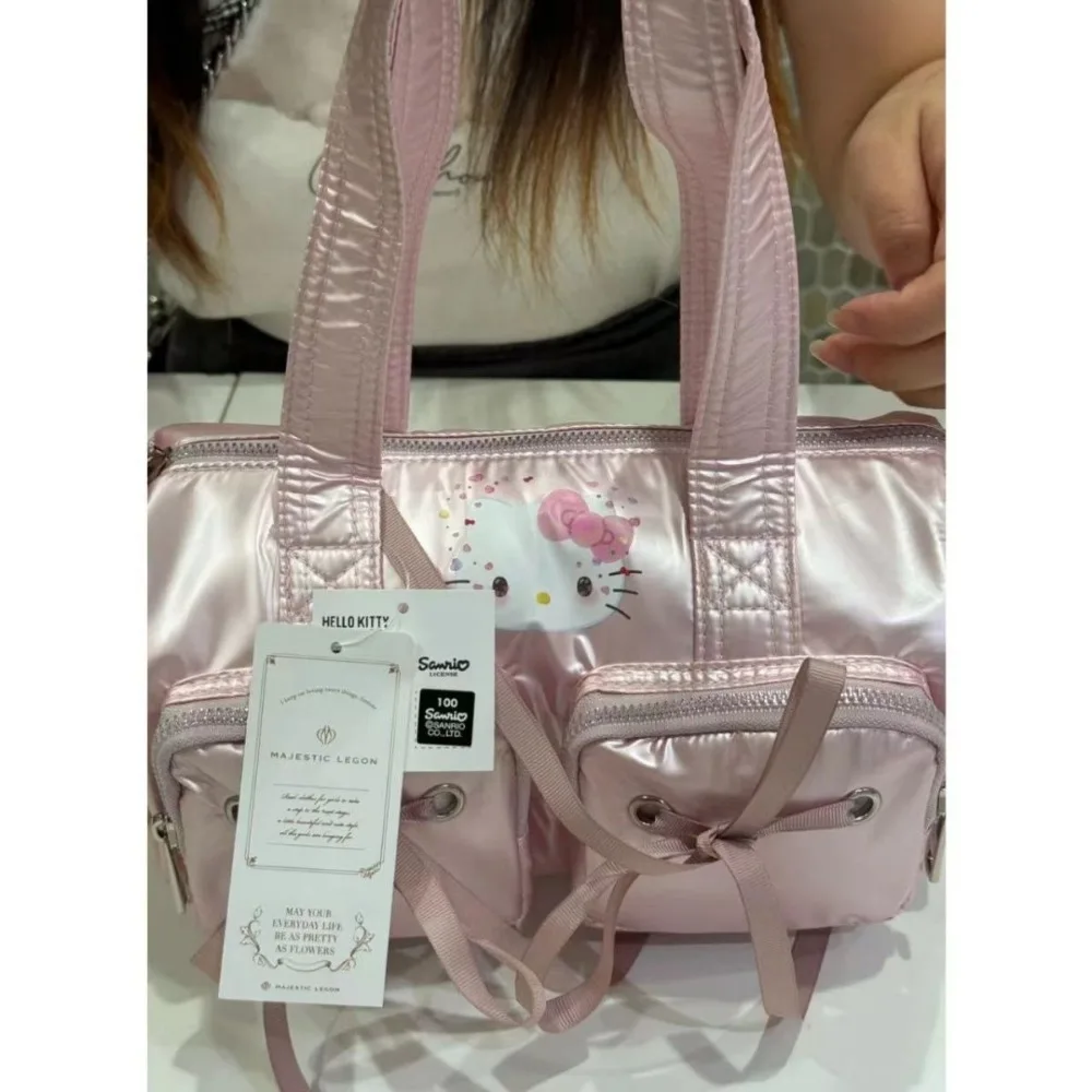 New Hello Kitty Crossbody Bag Kawaii Cartoon Cute Pink Ribbon Bow Shoulder Bag Anime Dopamine Printed Handbag Gift