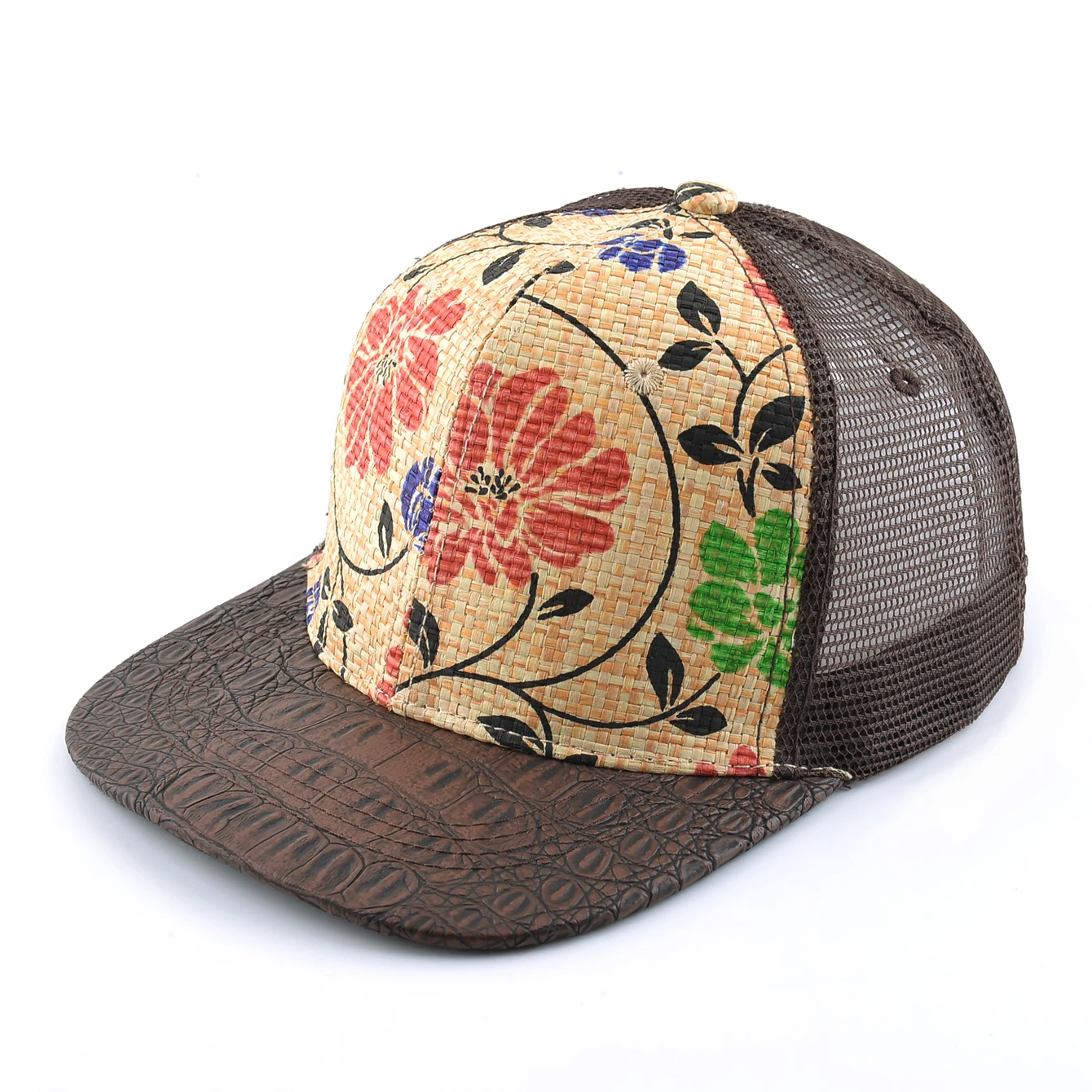 ​​Straw Floral Flat Bill Baseball Cap​​ Women Summer Breathable Mesh Fitted Cap Men Outdoor Casual Sport Snapback Cap Adjustable