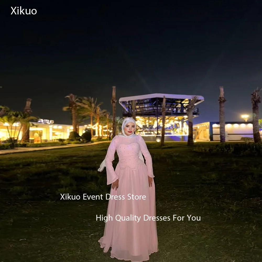 

Xikuo Скромные розовые шифоновые вечерние платья Плиссированные коктейльные платья с высоким вырезом Мусульманское платье макси для выпускного вечера с длинными рукавами по индивидуальному заказу