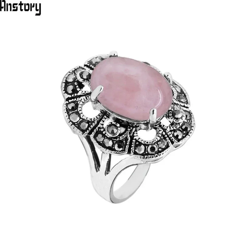 Oval Pink Quartz Rings For Women Antique Silver Plated  Natural Stone Rhinestone Hollow Flower Vintage Fashion Jewelry TR710