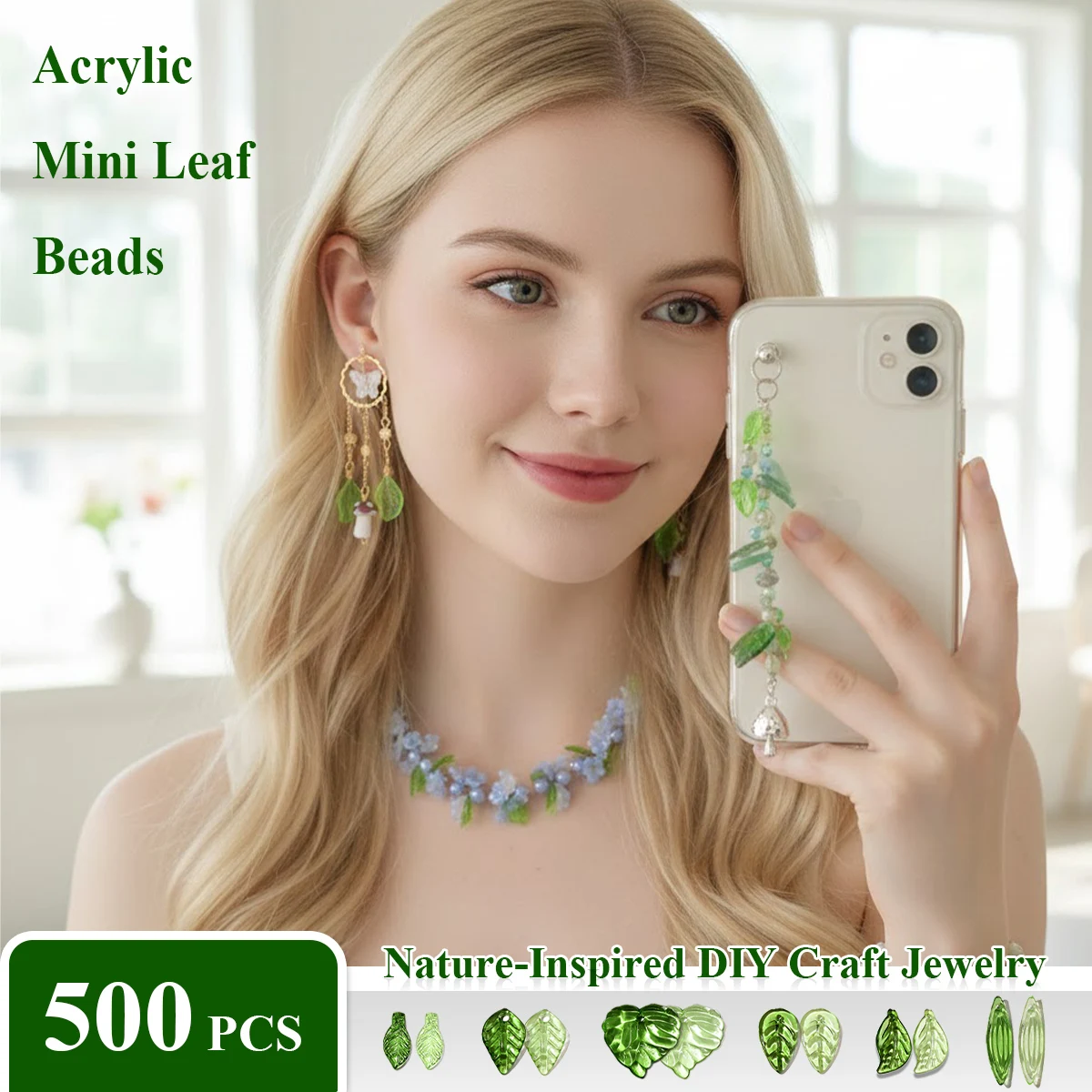 

500PCS Mini Leaf Acrylic Beads (Light & Dark Green) Nature-Inspired DIY Craft Jewelry(Necklace/Bracelet/Earring) Kits for Girls