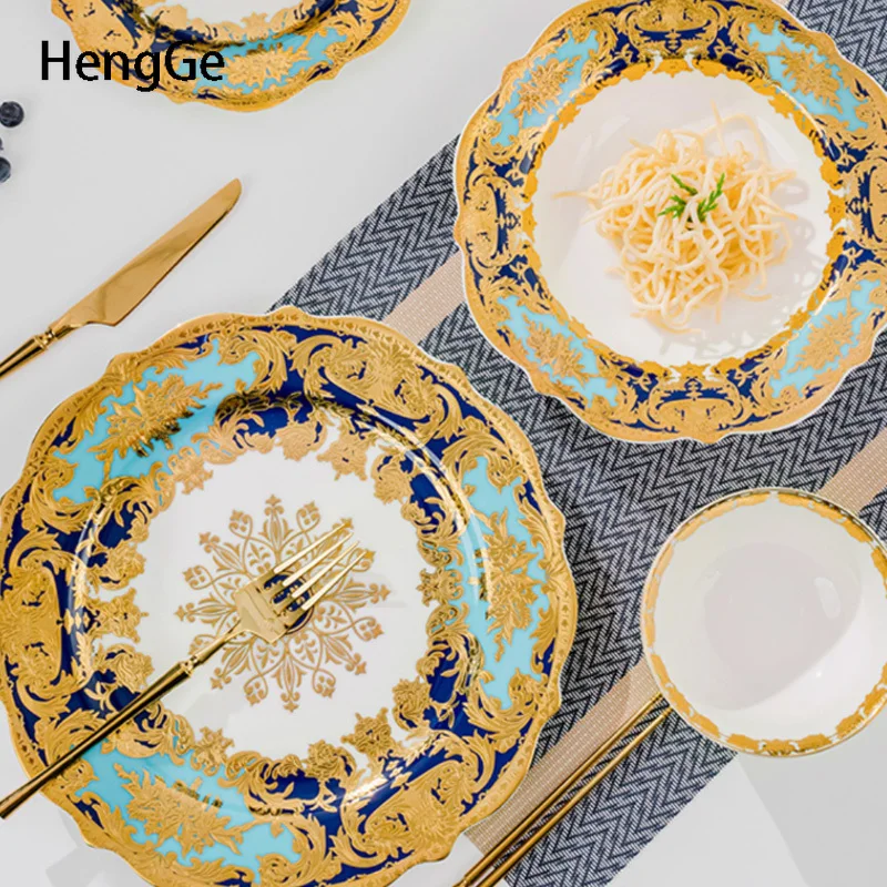 Light Luxury Ceramic Plate High End Golden Pattern Relief Western Style Steak Dining Plates Restaurant Tableware Soup Plate image 2