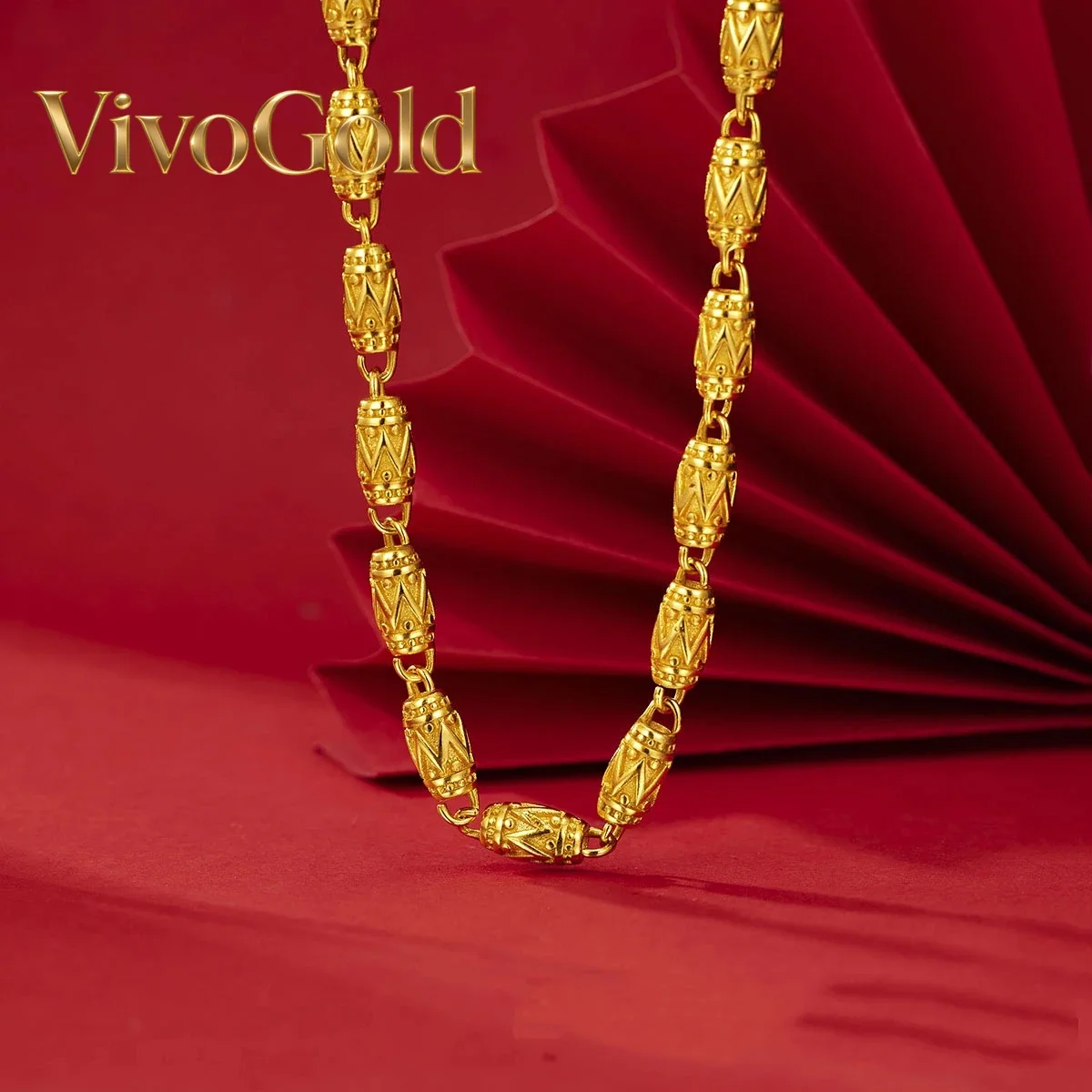 VivoGoldLuxury design 9999 24K real gold classic domineering men's olive bead necklace hip hop thick necklace
