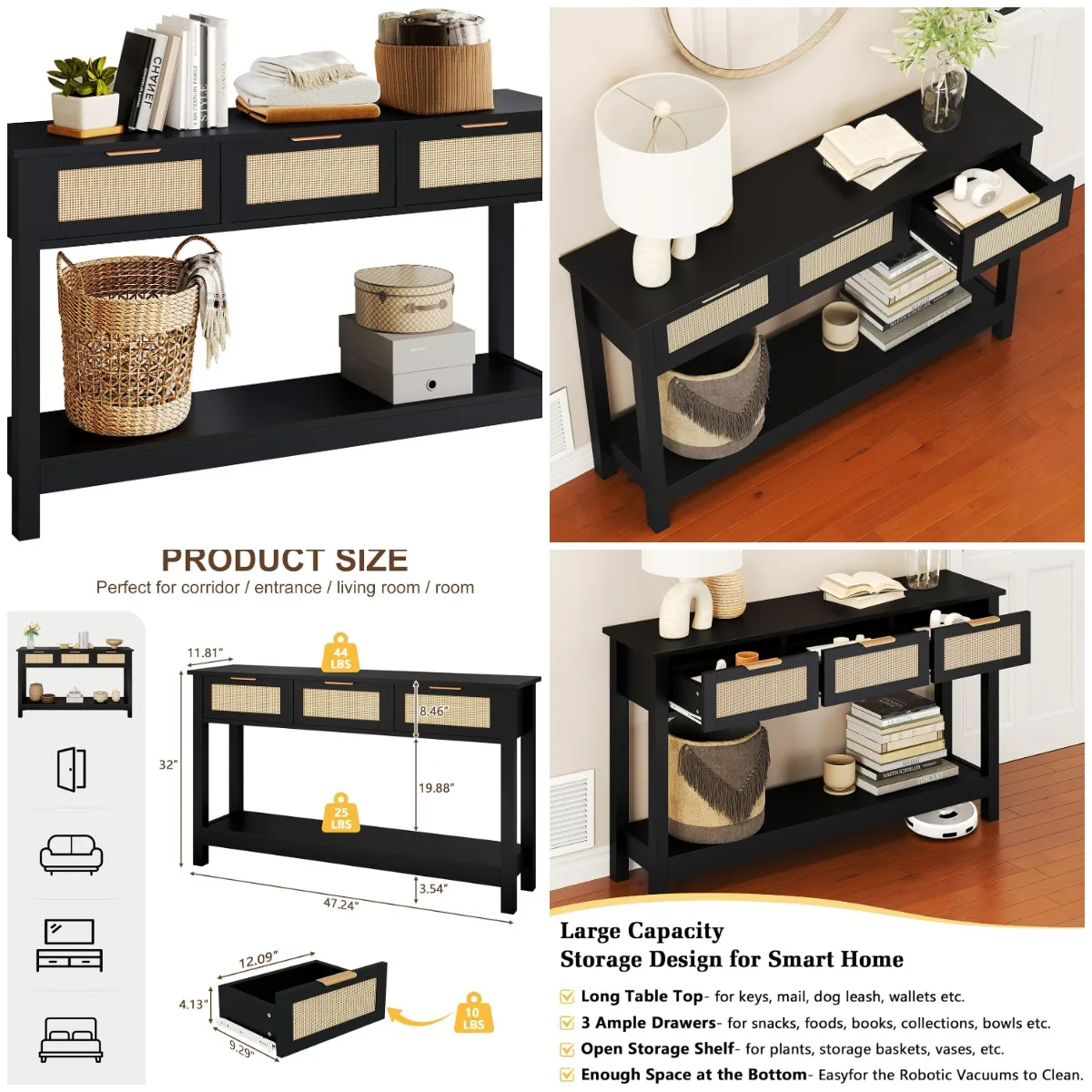 

47' Entryway Console Table with 3 Rattan Drawers, Modern Fluted Hallway Sofa Table, Black, Open Shelf Foyer Furniture, Anti-Tip
