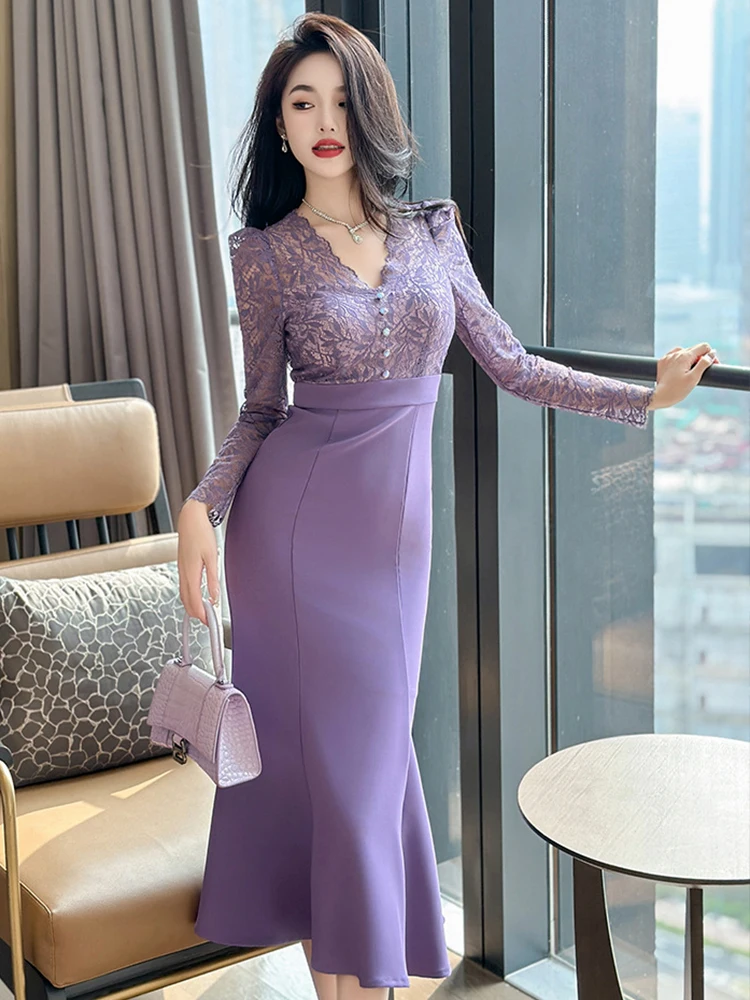 Celebrity Nep 2 Delige Jurk Vrouwen Elegante Paarse Pure Kant Splice Fishtail Robe Femme Koreaanse Party Office Lady Vestidos Lente