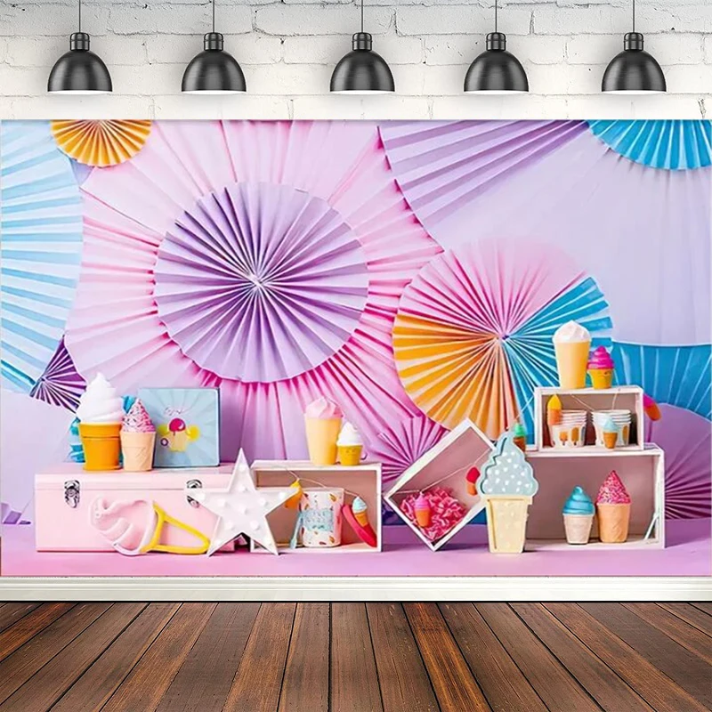 

Photography Backdrop Colorful Paper Flowers Ice Cream Princess Girls Birthday Party Decor Poster Background Banner Photo Studio