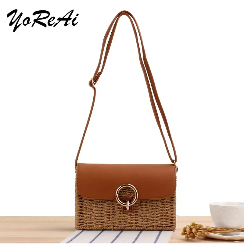 YoReAi Designer 2022 Summer Luxury Handbag for Women Straw Shoulder Bags Square Flip Woven Beach Bag Bohemia Mobile Phone Wallet