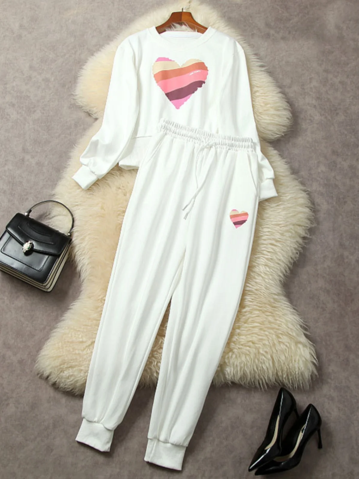 

High Waist Slim Fit Sweatpants Casual Sportswear Set White Long Sve T-irt Hoodie Women's Ensemble Polyester Cotton round...