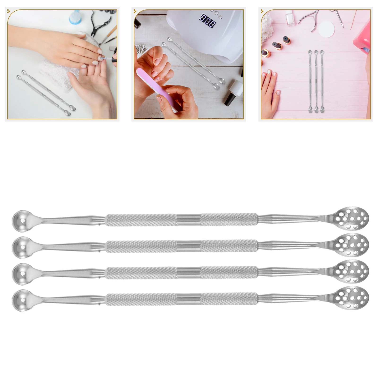 

4 шт., инструменты для толкателя кутикулы из нержавеющей стали, двухсторонний скребок для удаления ногтей, очиститель омертвевшей кожи, маникюр, педикюр, уход за ногтями