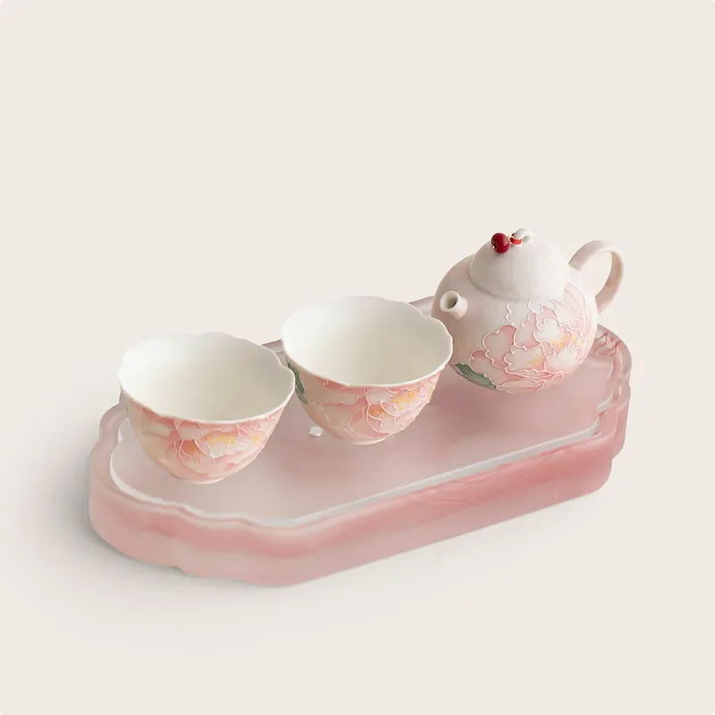 Hand Painted Light Pink Peony Tea Set One Pot Two Cups Ceramic Tray Women Household Drinking Ware Personal Kung Fu Gift