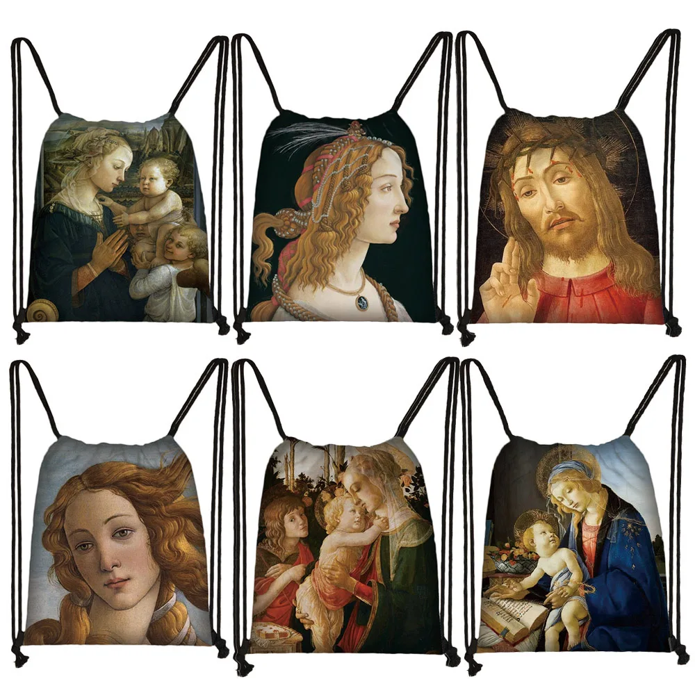 Italian Painter Botticelli Oil Painting Drawstring Bags Women Retro Art Fashion Storage Bag Travel Shoes Holder Teenager Bookbag