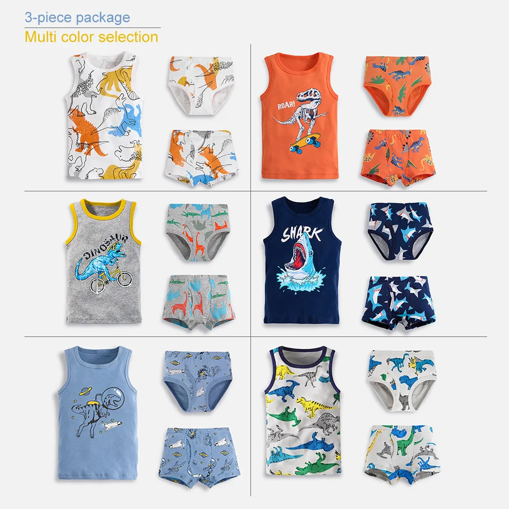 

3 Pieces Boys Briefs Teenage Boxers Baby Multipack Trunk Kids Shorts Child Pants Cotton Vest Cartoon Dinosar Shark Clodth Set