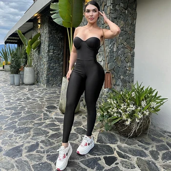 จั๊มสูททรงดินสอสีพื้นแบบไร้สายสำหรับผู้หญิง คอลเลคชั่นฤดูใบไ...