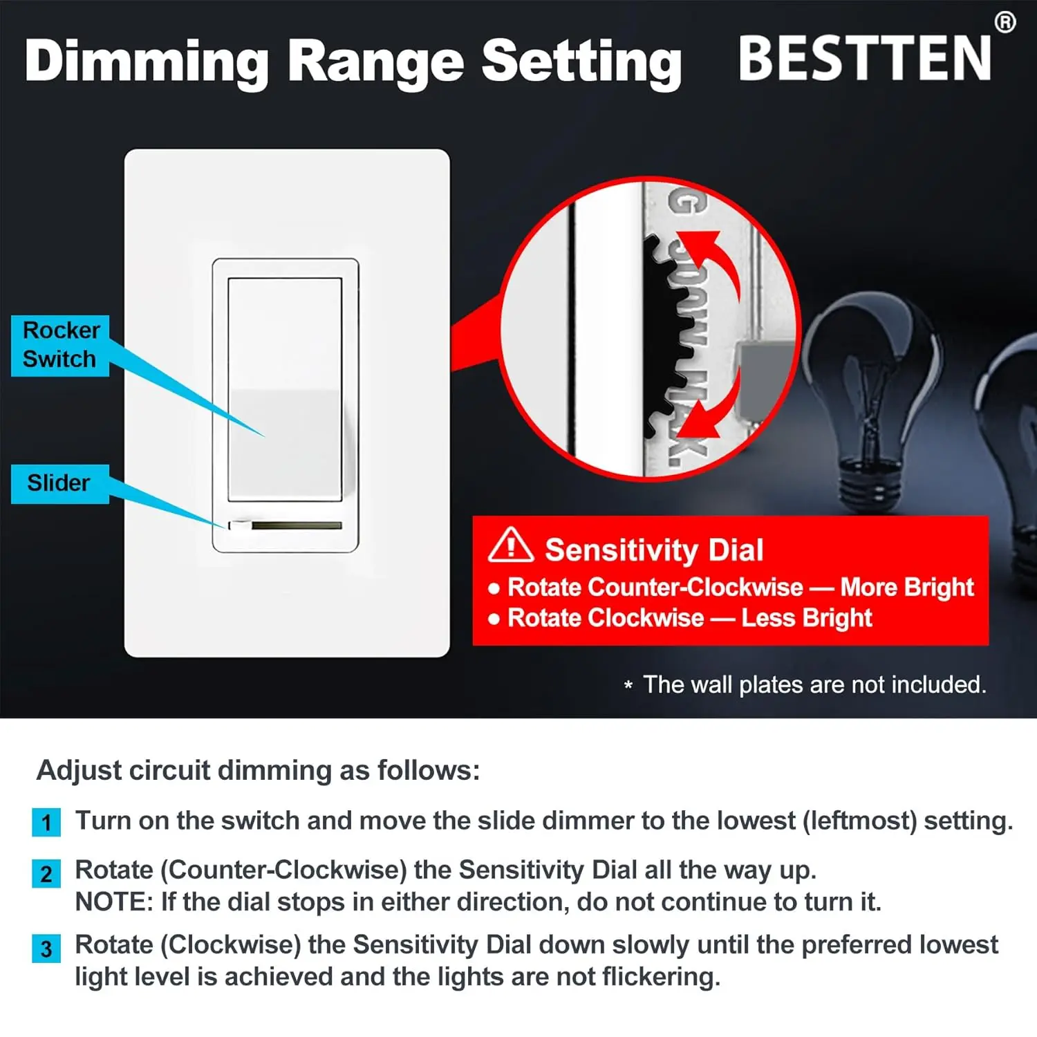 10 Pack Dimmer Light Switch, Single Pole or 3-Way, Slide Dimmer Switches, Compatible with Dimmable LED, CFL, Incandescent