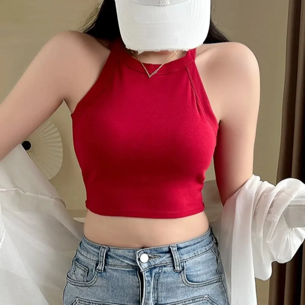 

Ins Fashion With Chest Cushion Halter Camisole Solid Color Sleeveless Crop Tops Tanks Streetwear Women Corset Daily