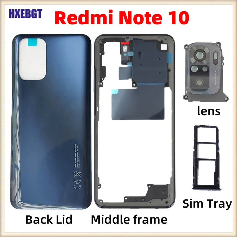 For Xiaomi Redmi Note 10 Back Cover + Middle Frame + Volume Button + Camera Glass Lens + Sim Tray Smartphone Parts