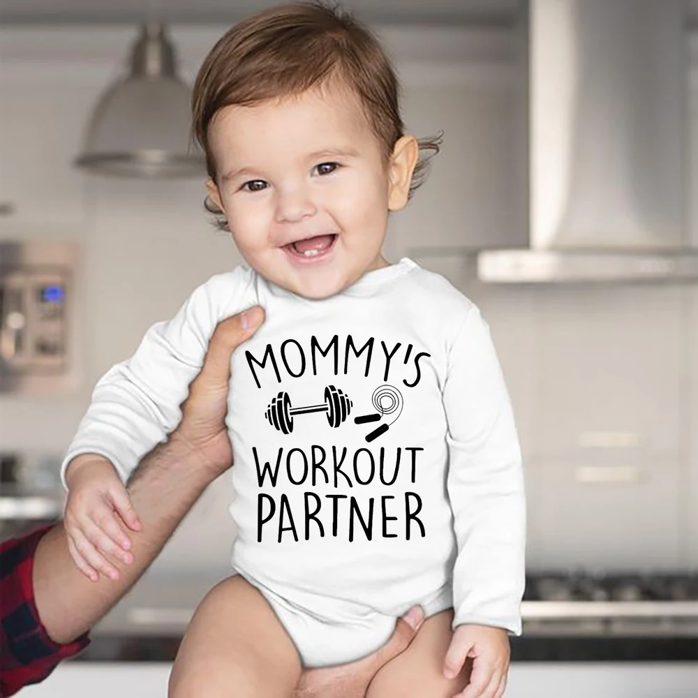 Mommy's Workout Partner Printed Baby Infant Clothes Unisex Baby Boy Girl Long Sleeve Romper Jumpsuit Funny Outfit Clothes Ropa