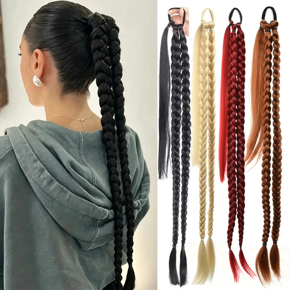 Synthetic winding double braid ponytail wig with rubber band suitable for women's daily party use as a ponytail accessory