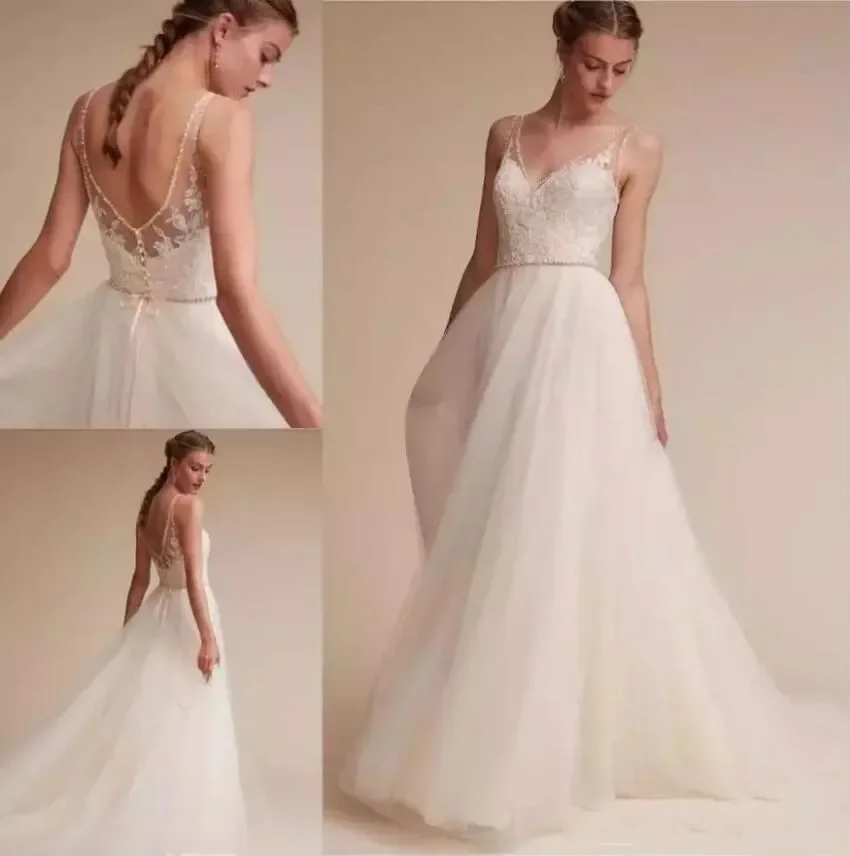 

Bhldn Wedding Dresses Beads Lace Appliqued V Neckline Long Crystal Bridal Gowns Sexy Backless Beach Tulle A-Line Wedding Dress
