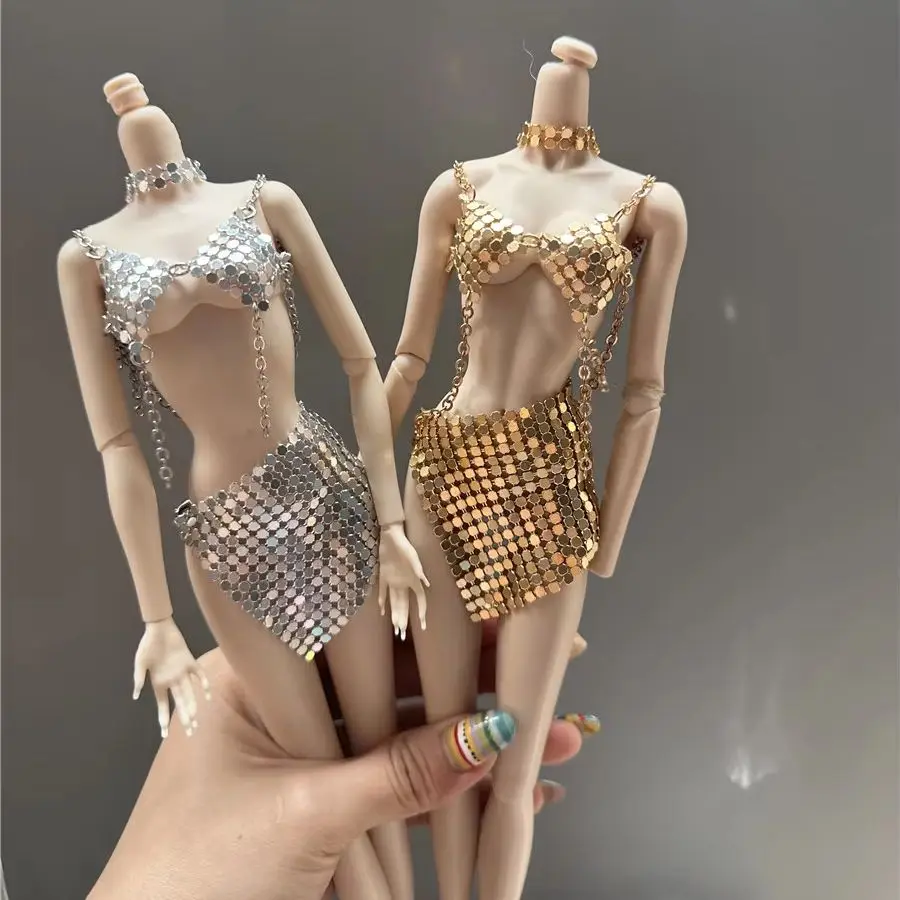Fashions Personality Metal Sequin Clothes+ Cool Earrings+Necklace Set For 1/6 FR Bb Supermodel Doll Dress Up Clothes Parts