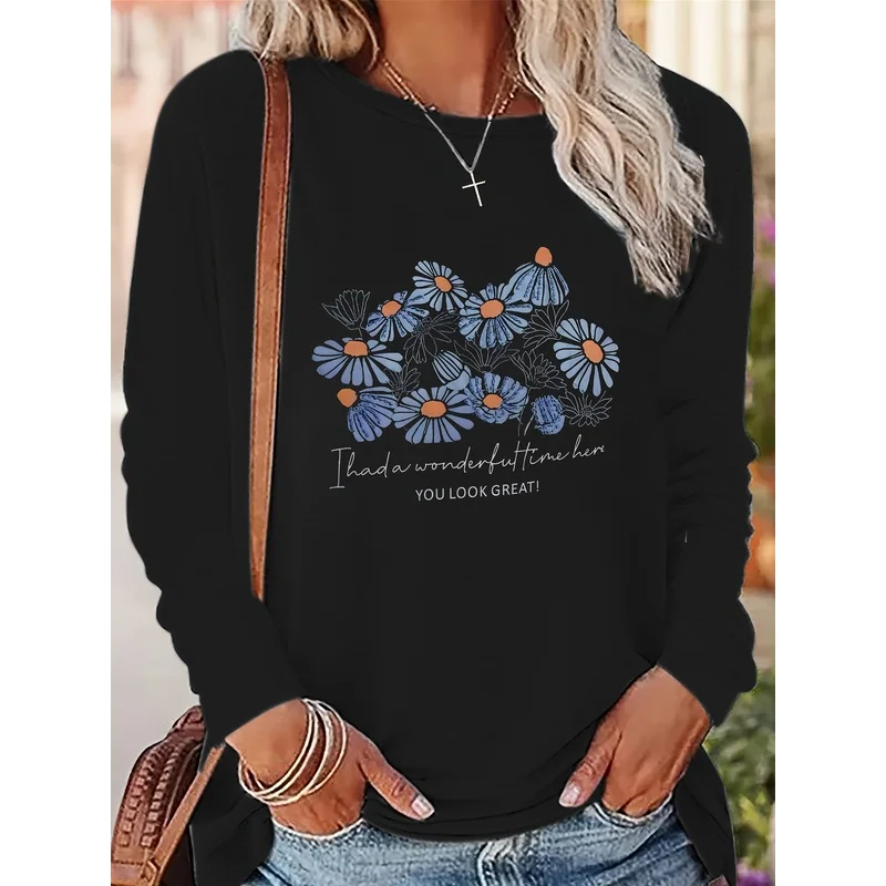 Black Round-neck Floral Print Long-sleeve T-shirt, a Casual Fashion Essential, Suitable for Spring, Summer, and Autumn