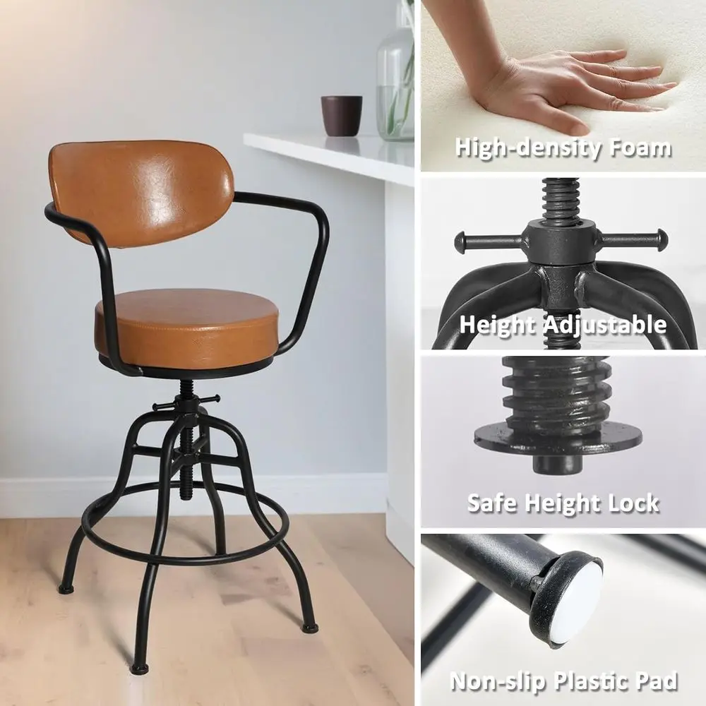 مقعد مرتفع قابل للتعديل من الجلد البني العتيق مع مسند ظهر منجد، 21.65-26 #6