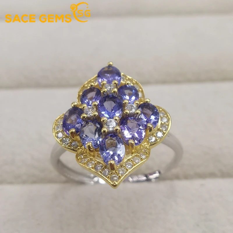 

SACE GEMS Women Jewelry Ring Resizable 925 Sterling Silver Tanzanite Luxury Women Created Engagement Band Fine Jewelry