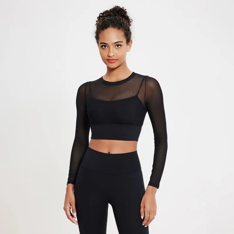 Cross-Border Sexy Mesh round Neck Yoga Clothes Long Sleeve Running Quick-Drying Sports Bra One-Piece Cup Workout Clothes Top