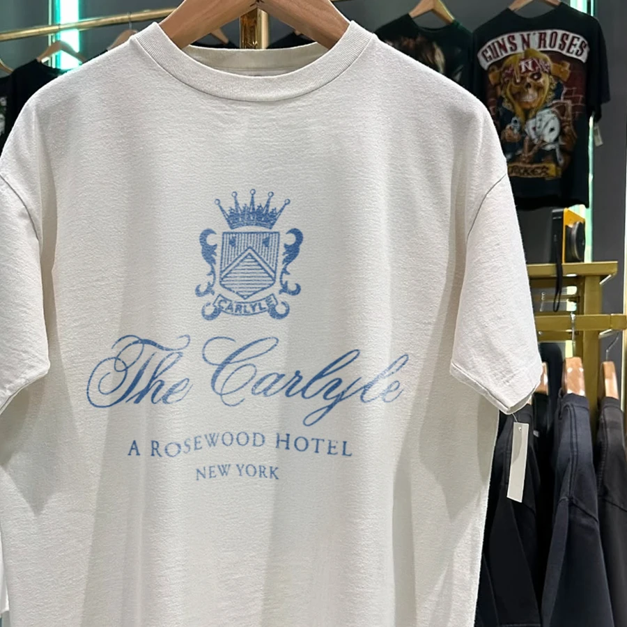 90s The Carlyle New York Rare Washed White T-Shirt Summer Cotton Print Casual Sports Short Sleeve  Streetwear