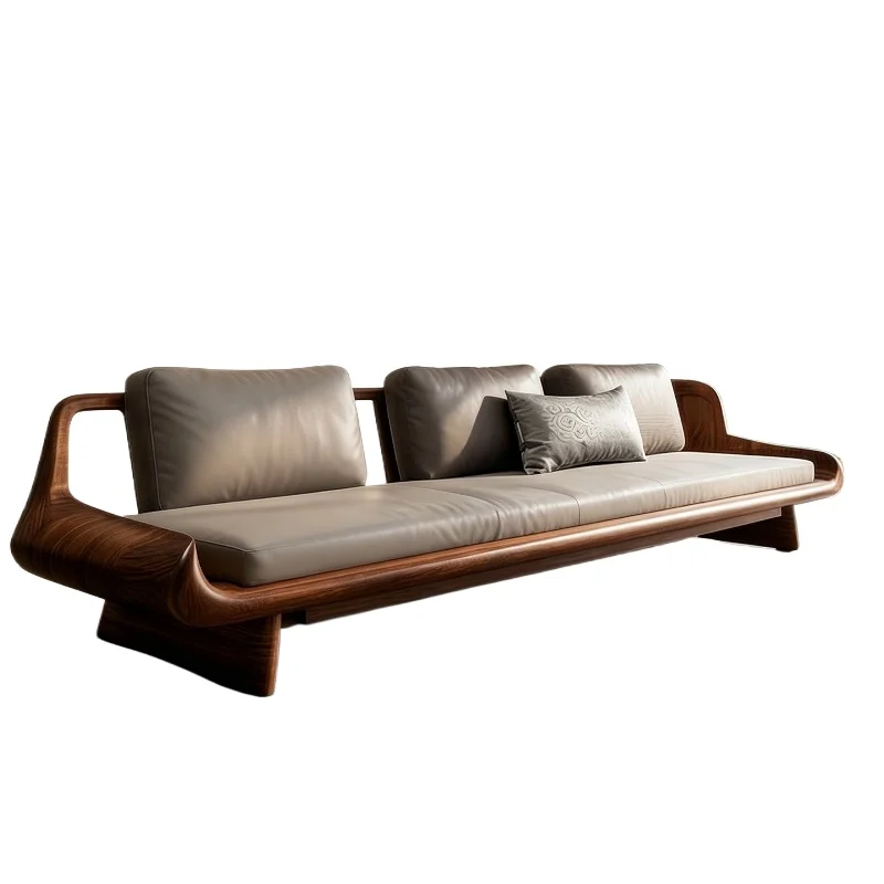North American black walnut new Chinese straight row sofa new villa high-end living room medium antique solid wood fabric sofa