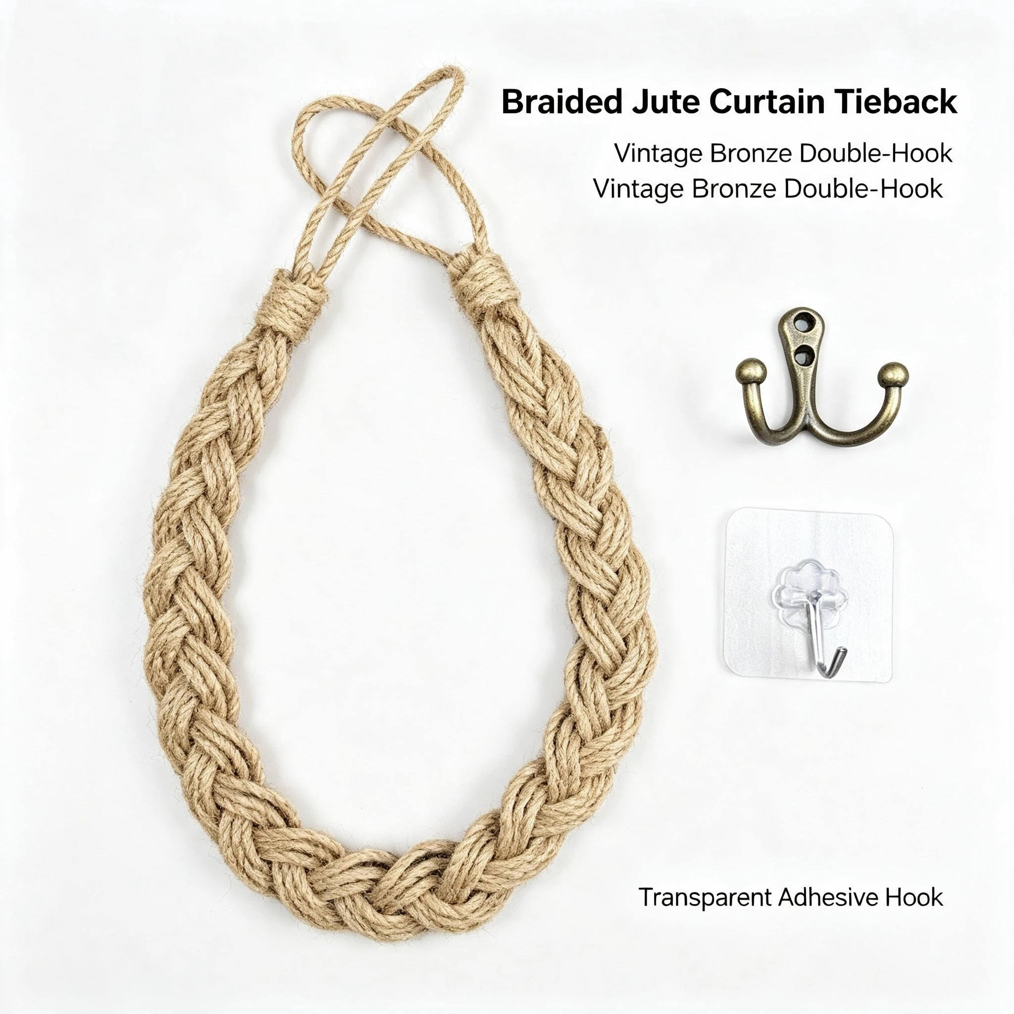 2Pcs Handwoven Natural Jute Curtain Tiebacks - Rustic Home Decor, Decor for Living Room, Bedroom