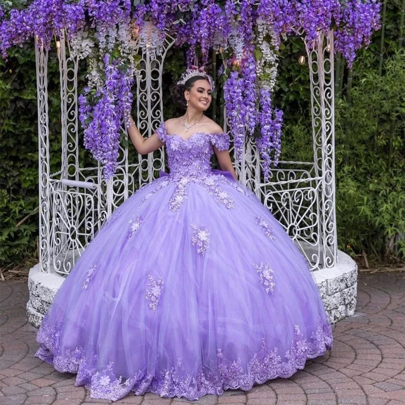 Lavanda 3d flor quinceanera vestidos com grande arco miçangas rendas cinderela princesa vestidos de baile de 15 anos