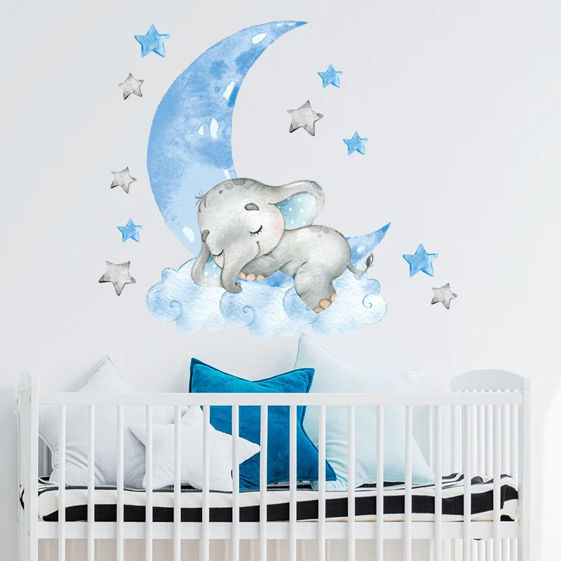 Elephant Sleeping Moon Star Wall Stickers for Kids Room Baby Nursery Room Decoration Wall Decals Home Decor Cartoon Animal