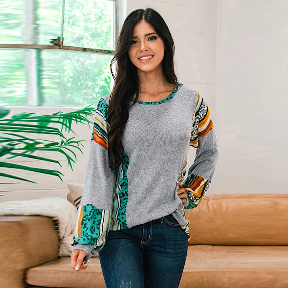 

Серый бархатный Вязаный топ с леопардовым принтом и рукавом-пузырьком, Женский Универсальный пуловер, футболка 25118260