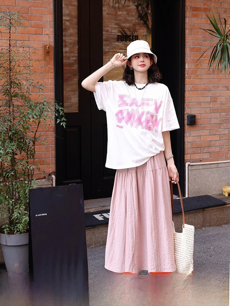 

Textured A-Line Midi Skirt Women's Summer Versatile Slimming High Waist f-length Skirt Commute Sle Gauze Fiber Casual Scene