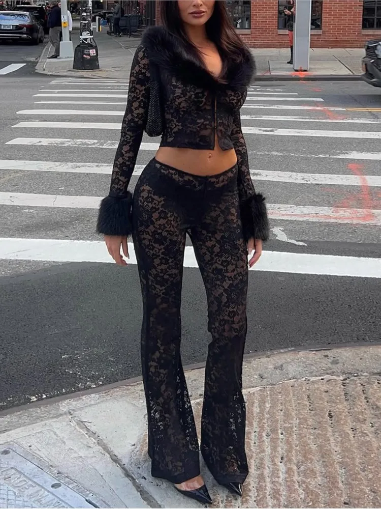 2 Piece Women Set Summer Autumn Matching Sets Two Pieces Sets Long Sleeve Lace Tops And Perspective Pants Suits Outfits Clothing