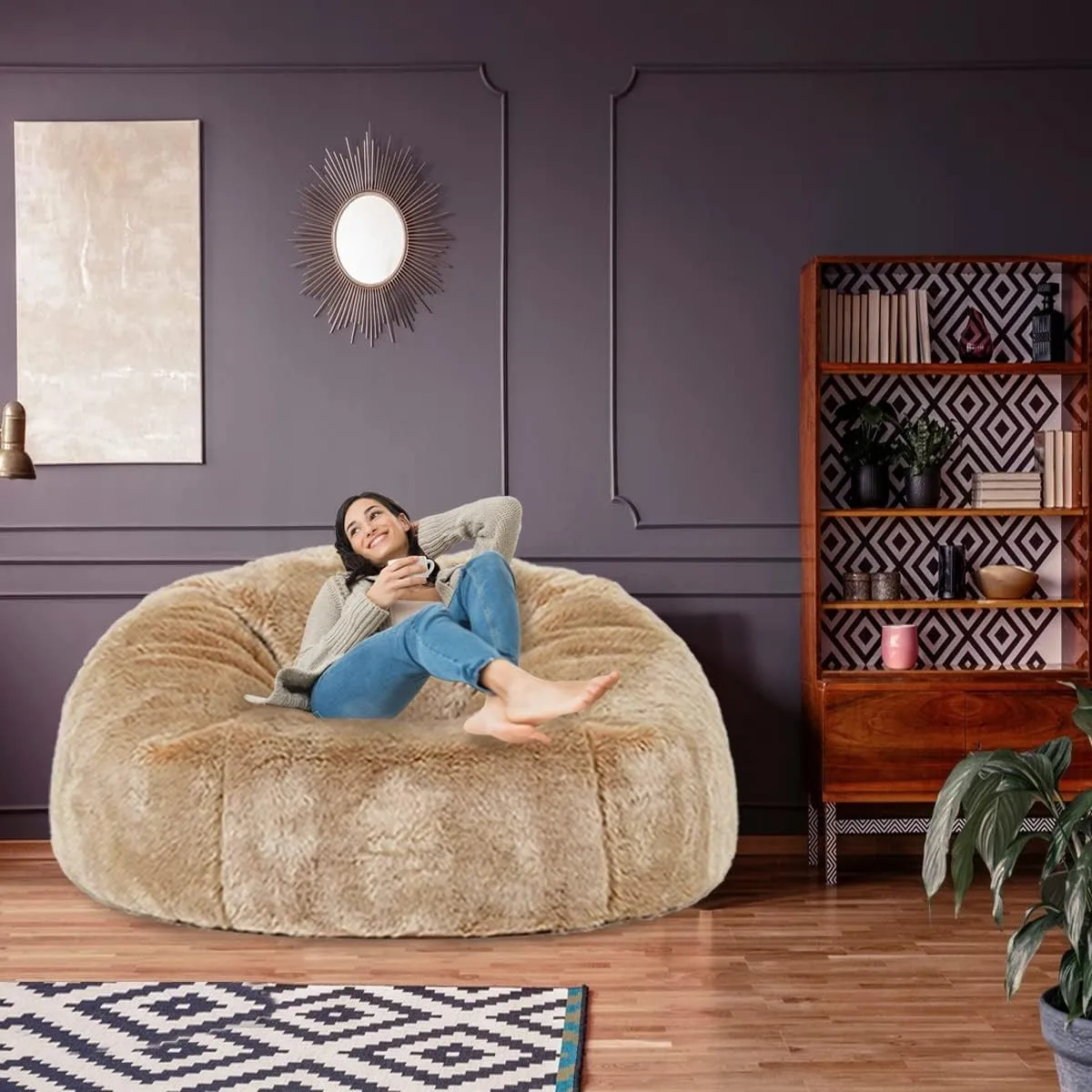 غطاء كرسي Bean Bag Sofas7FT كبير الحجم من الفرو الصناعي الناعم لسرير الأريكة سهل الغسيل بدون حشو #4