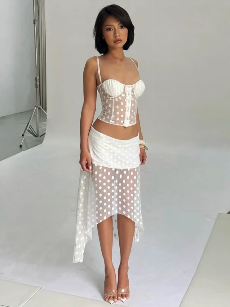 

Sisterlinda Women 2-Piece Set Patchwork Dot Mesh Single-Breasted Folds Camisole+Elastic Waist Irregular Hem Skirt Fashion Suit