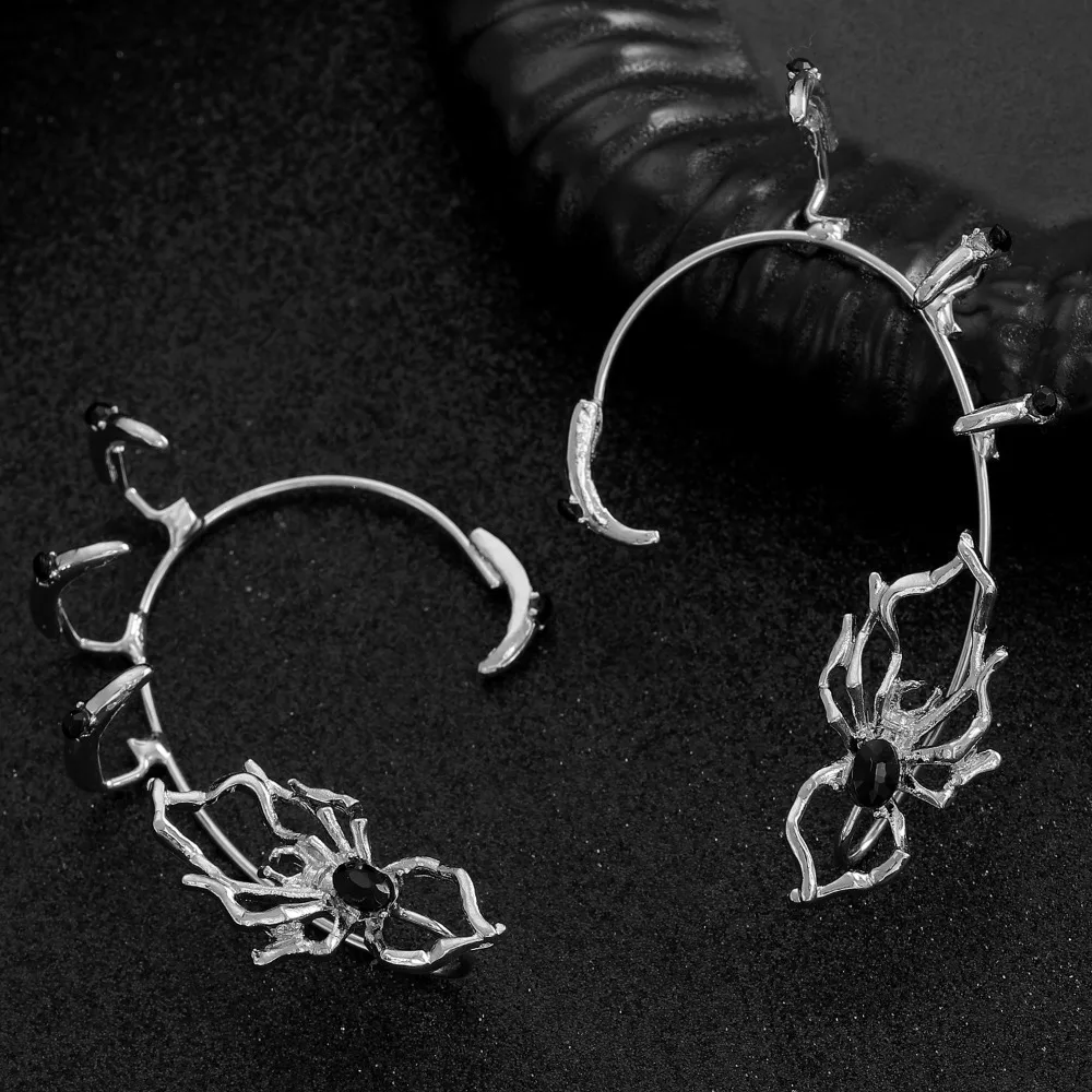 Exaggerated Personality Black Crystal Silver Color Spider Clip Earrings for Women Korean No Ear Holes Hot Girl Jewelry Accessory view 2