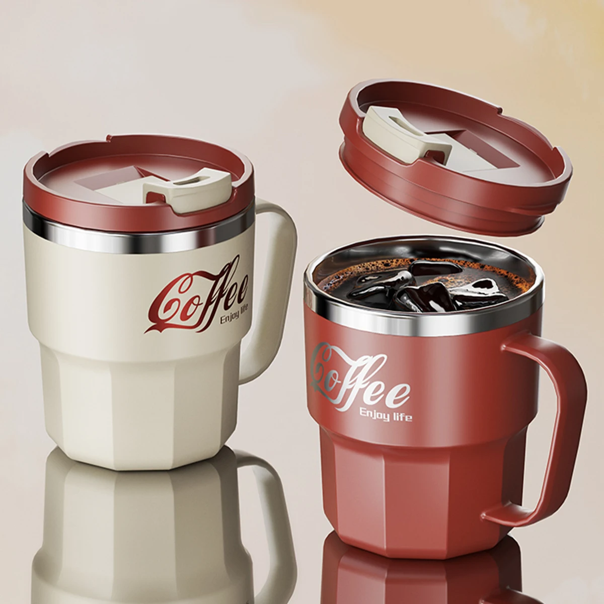 400/480 ml Doppelschichtbecher Kaffeetassen mit Deckelgriff Wiederverwendbarer isolierter Wasserbecher Tragbares Reise-Trinkgeschirr aus Edelstahl
