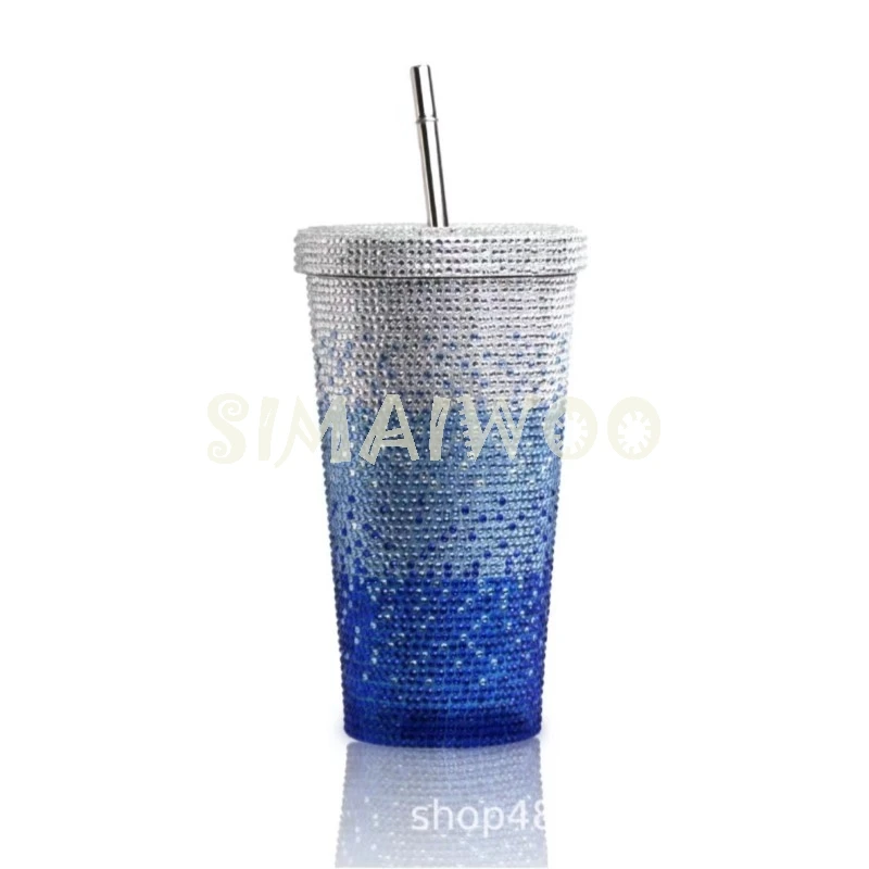 Gradient Glass Rhinestone Straw Cup Handcraft Art Diamond Painting Sunflower Designer Cup Mosaic Rhinestone Girl Birthday Gift