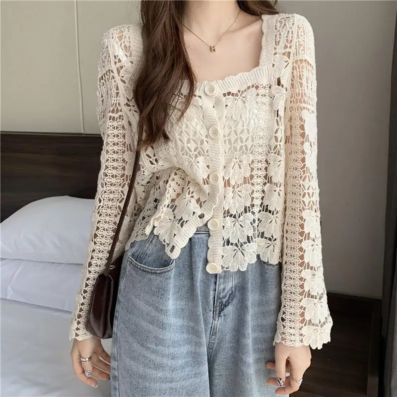 

Ladies Hollow Top Women Summer 2023 New Long Sleeve Solid Color Square Neck Short Lace Cardigan fashion casual button female