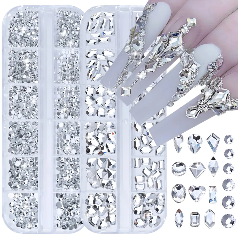 12grids 2boxes Crystal White Multi-Shapes Nail Rhinestones 1.6-3.7mm Clear Round Beads Nail Diamonds Glass Flatback Nail Charms