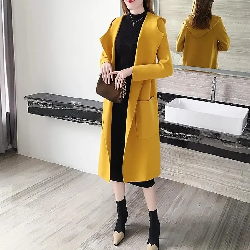 Yellow Knitted Cardigan Women Clothing Hooded Long Sweater Coat 2022 Autumn Winter Korean Fashion Loose Pocket Sueters De Mujer