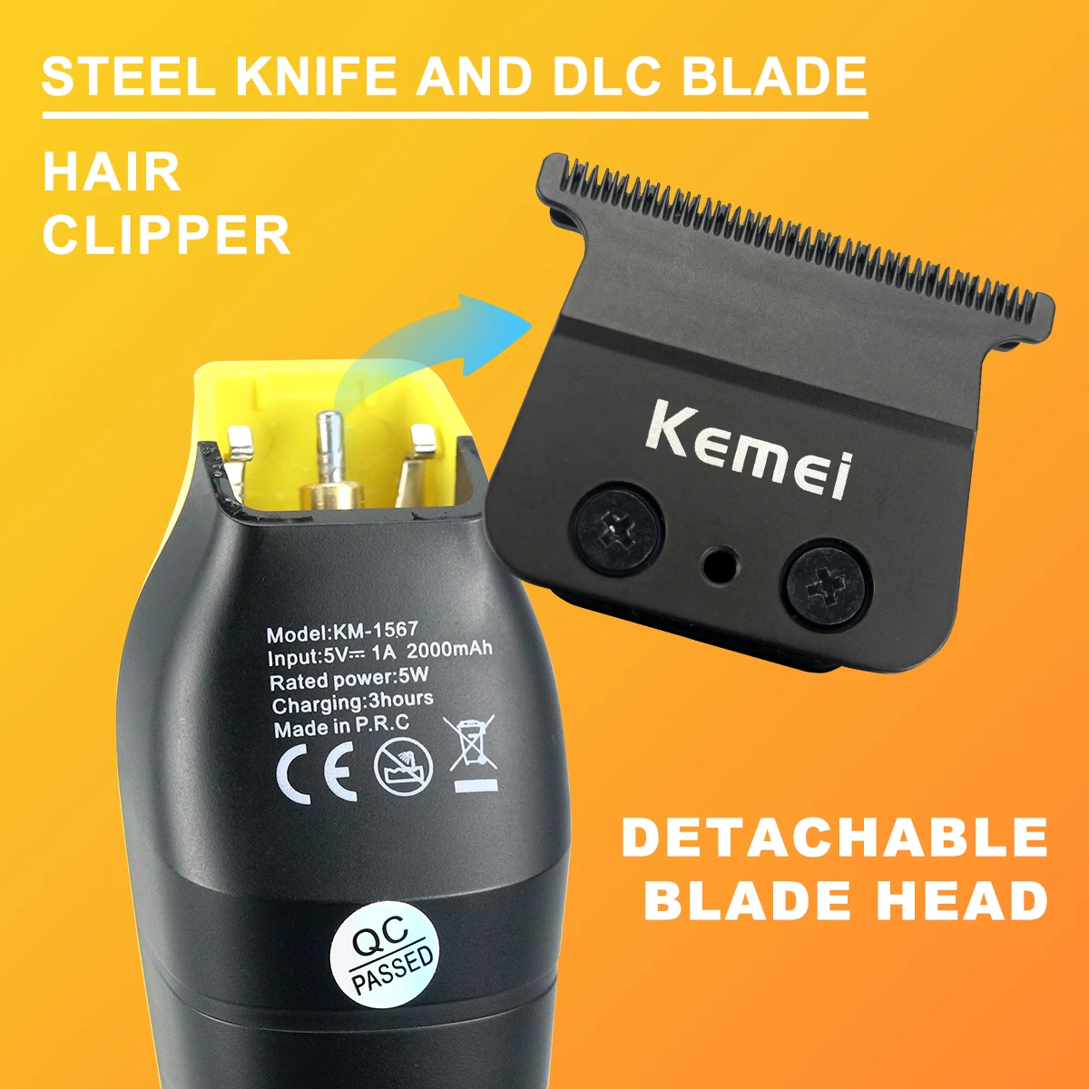 Kemei 1567 Professional Hair Clipper for Men T-Blade Zero Gapped External Rotor Brushless Motor Hair Trimmer Finishing Machine