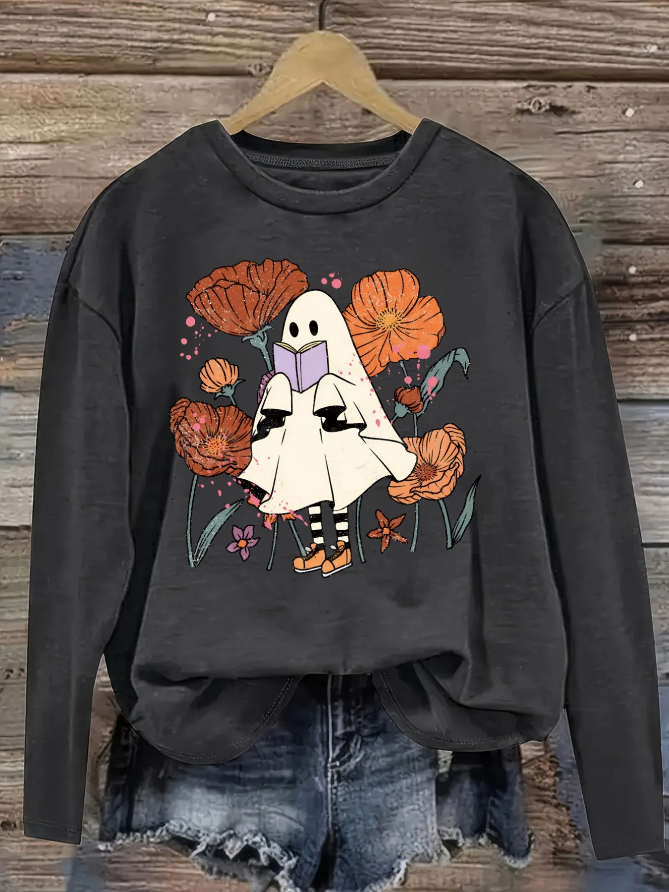 Women's Casual Long Sleeve Crew Neck T-Shirt Ghost Reading Book Among Flowers Design, Round Neck Women's Clothing, Machine Washable, Slightly Elastic, Loose Fit, Spring Autumn Winter Women's T-Shirt, Halloween Costume Outfit view 2