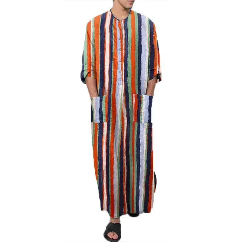 Mannen Overhemden Echt Linnen Katoen Nachthemden Badjas Lange Mouw Caftan Vakantie Strand Gewaad Moslim Kaftan Arabische Thobe Homewear